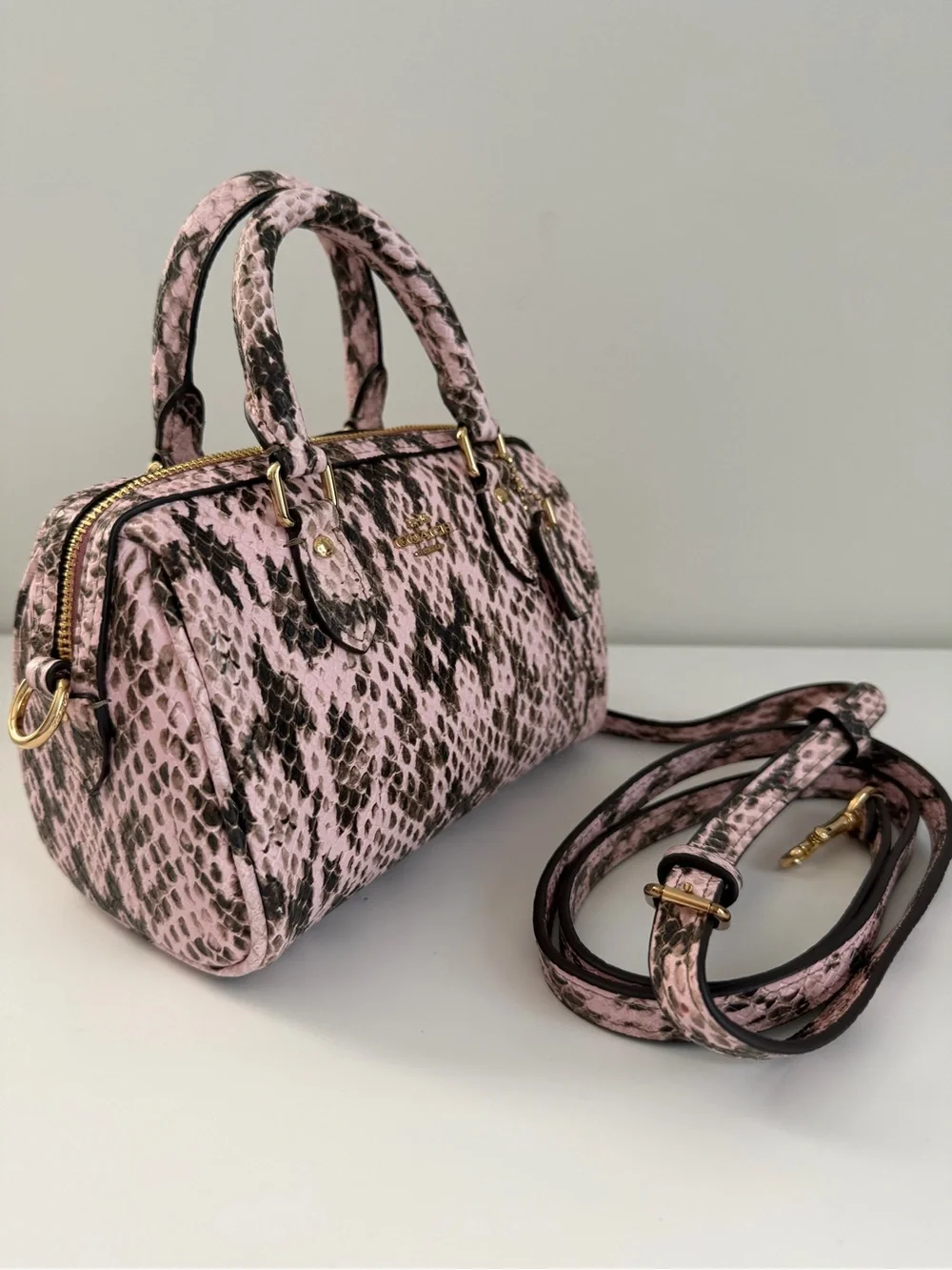 Coach Pink and Black Snake-Print Mini Satchel